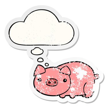 karikatür domuz ve sıkıntılı yıpranmış etiket olarak kabarcık düşünce