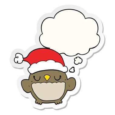 sevimli noel baykuş ve basılı bir etiket olarak kabarcık düşünce