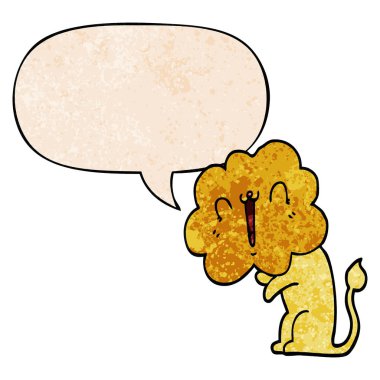 retro doku tarzında sevimli karikatür aslan ve konuşma balonu