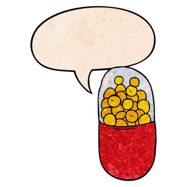 retro doku tarzında karikatür hapı ve konuşma balonu