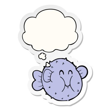 karikatür kirpi balık ve baskılı bir etiket olarak kabarcık düşünce