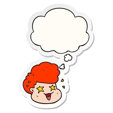 karikatür heyecanlı çocuk ve baskılı bir etiket olarak kabarcık düşündüm