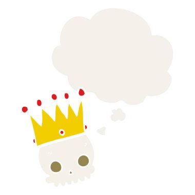 retro tarzında taç ve düşünce balonu ile karikatür kafatası