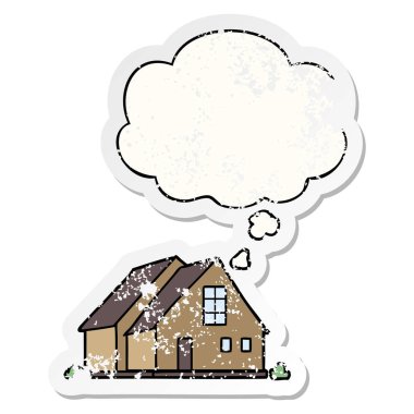 karikatür ev ve sıkıntılı yıpranmış etiket olarak kabarcık düşünce