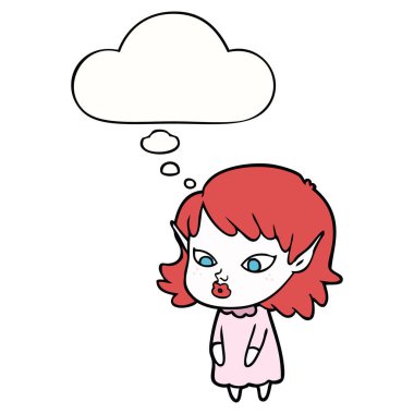 sivri kulakları ve düşünce balonu ile karikatür elf kız