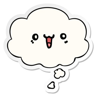 mutlu karikatür yüz ve basılı bir etiket olarak kabarcık düşünce