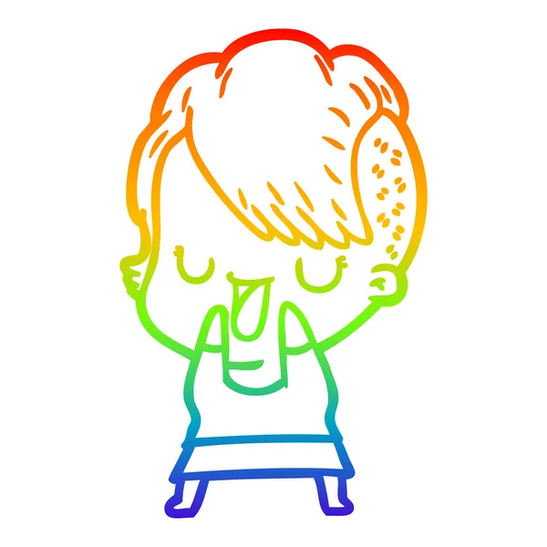 Rainbow gradient ligne dessin mignon dessin animé fille avec hipster hai — Image vectorielle