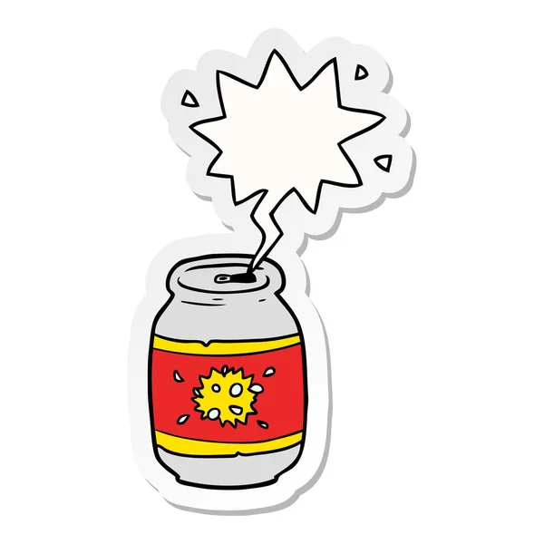 Cartone animato lattina di soda e adesivo bolla discorso — Vettoriale Stock