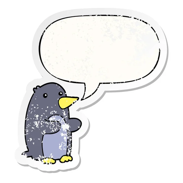 Cartoon pinguïn en toespraak bubble verdrietig sticker — Stockvector