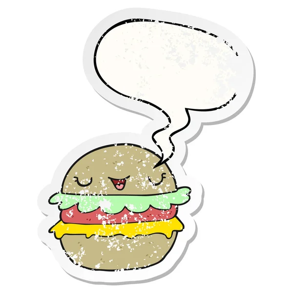 Karikatúra Burger és a beszéd buborék bajba jutott matrica — Stock Vector