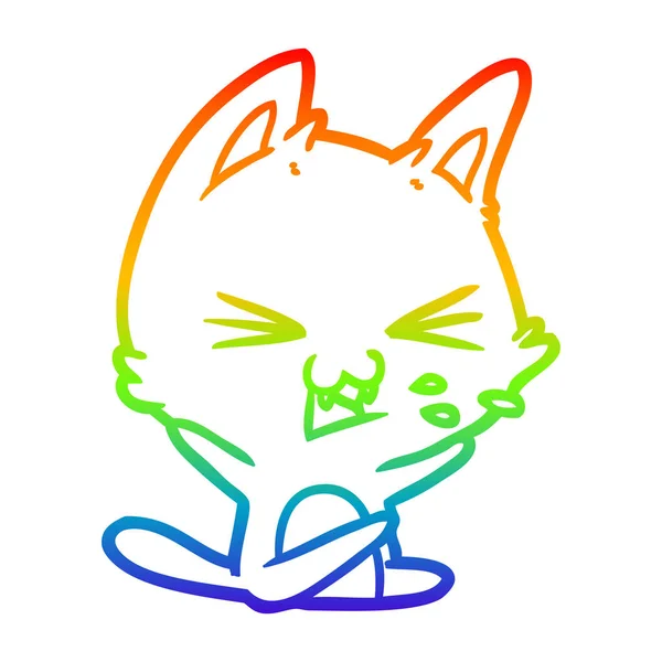 Regenbogengradienten Linie Zeichnung Karikatur Katze fauchend — Stockvektor