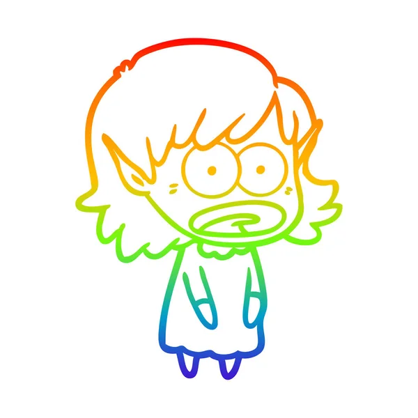 Rainbow gradient line drawing cartoon shocked elf girl — Stock Vector