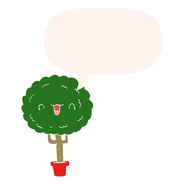 Dibujos animados árbol feliz y burbuja del habla en estilo retro — Vector de stock