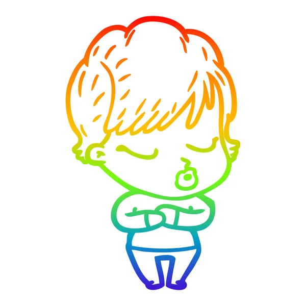 Rainbow Gradient Line Zeichnung Cartoon Frau mit geschlossenen Augen — Stockvektor