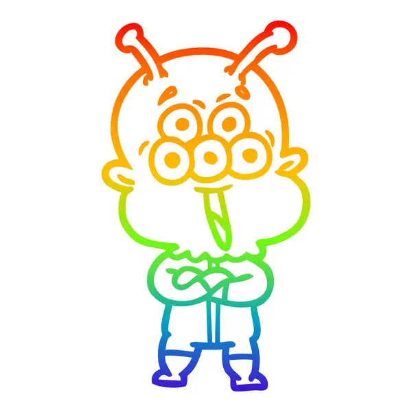 虹のグラデーションラインは幸せな漫画エイリアンを描く — ストックベクタ