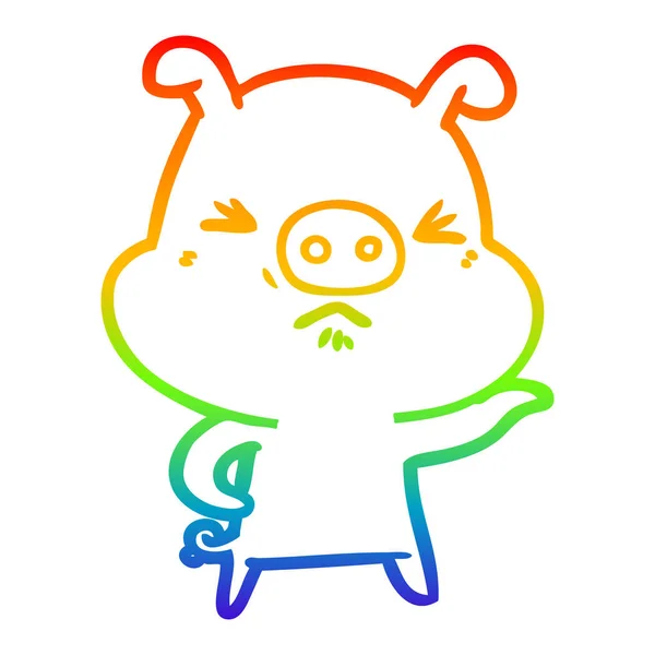 Rainbow gradient ligne dessin dessin animé cochon en colère — Image vectorielle