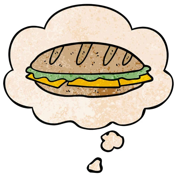Sándwich de queso de dibujos animados y burbuja de pensamiento en textura grunge palmadita — Vector de stock