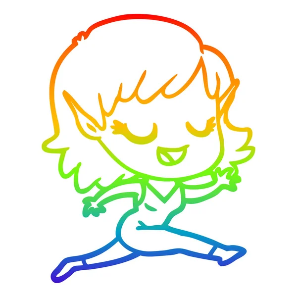 Linea gradiente arcobaleno disegno felice cartone animato elfo ragazza in esecuzione — Vettoriale Stock