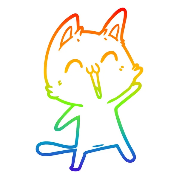 Rainbow gradient line drawing happy cartoon cat — Stock Vector