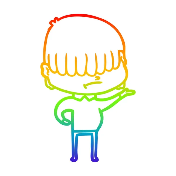 Rainbow gradient line drawing cartoon boy with untidy hair — Stock Vector