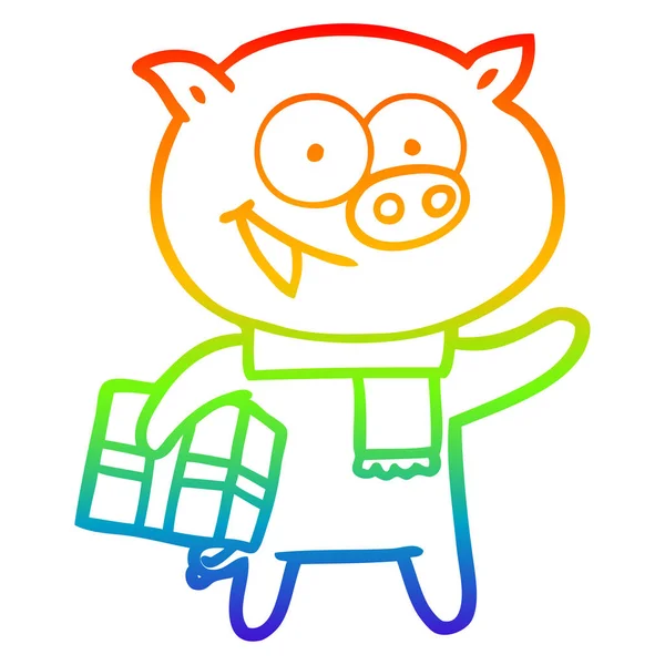Rainbow gradient ligne dessin cochon joyeux avec cadeau de Noël — Image vectorielle