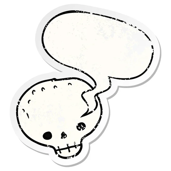 Cartoon schedel en toespraak bubble noodlijdende sticker — Stockvector