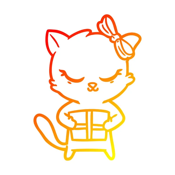 Sıcak degrade çizgi çizim yay ile sevimli karikatür kedi — Stok Vektör