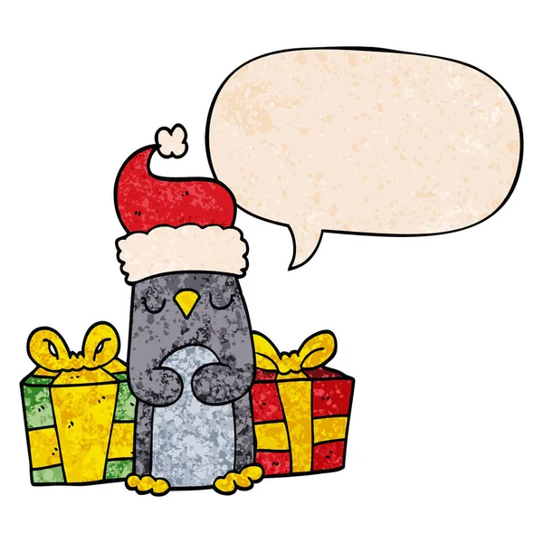Carino pinguino di Natale e la bolla discorso in stile retrò texture — Vettoriale Stock