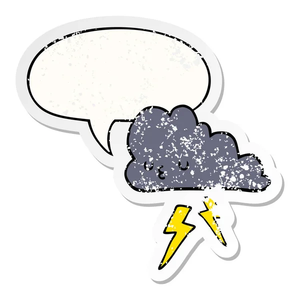 Cartoon Storm wolk en toespraak bubble noodlijdende sticker — Stockvector