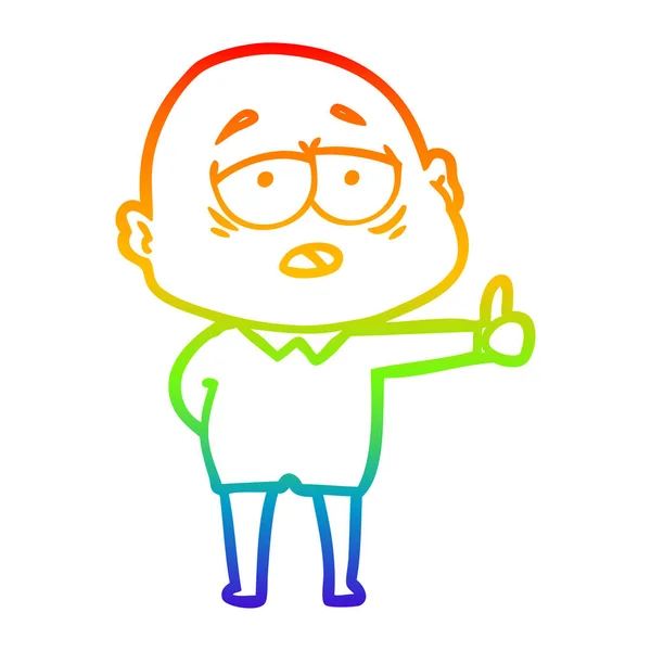 Rainbow gradien line drawing cartoon tired bald man - Stok Vektor