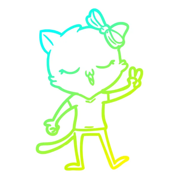 Línea de gradiente frío dibujo gato de dibujos animados con arco en la cabeza dando p — Vector de stock