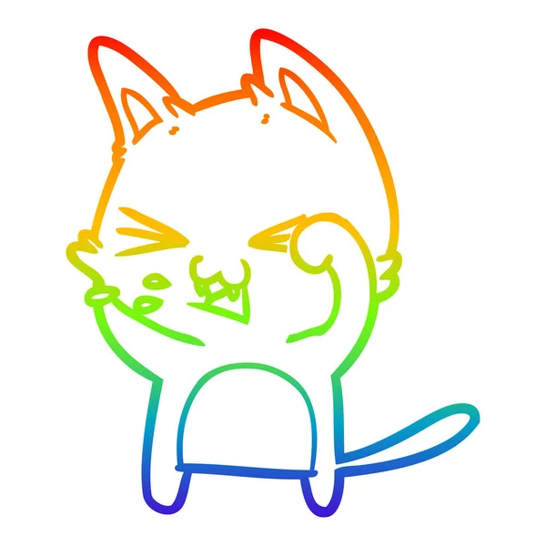 Rainbow gradient linje ritning tecknad katt väsande — Stock vektor