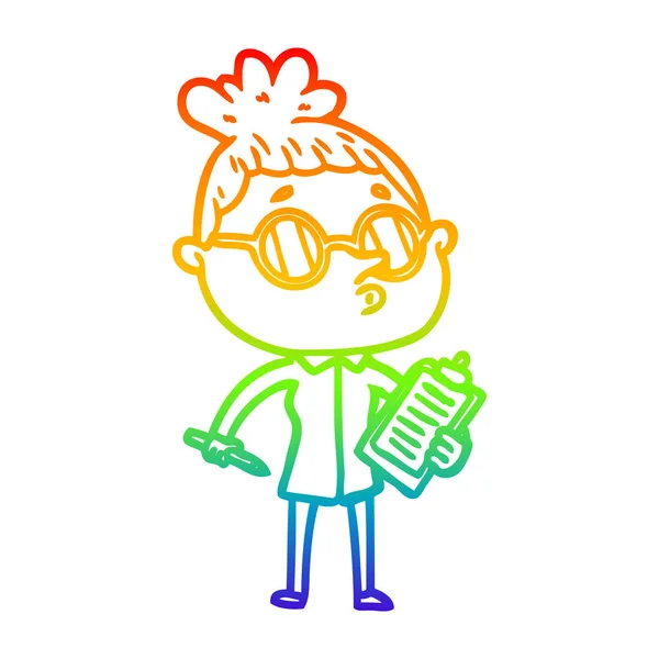 Arcobaleno gradiente linea disegno cartone animato donna indossare occhiali — Vettoriale Stock