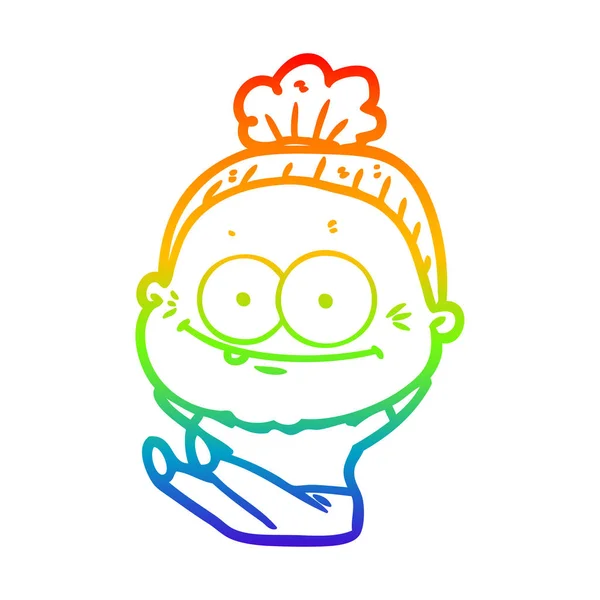 Rainbow gradient ligne dessin dessin animé heureux vieille femme — Image vectorielle