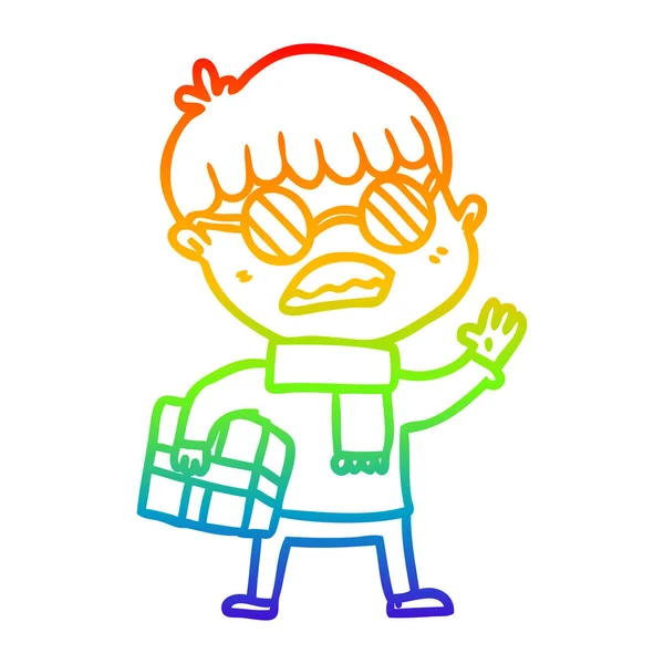 Regenbogengradienten Linie Zeichnung Cartoon Junge hält Geschenk und weari — Stockvektor