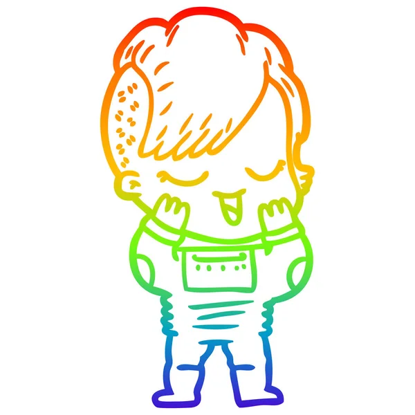 Rainbow gradient line drawing happy cartoon girl in space suit — Stock Vector