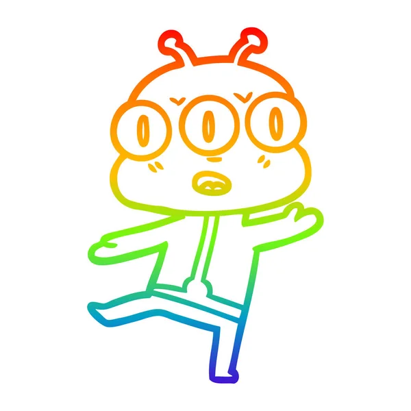 Rainbow gradient linje ritning Cartoon Three Eyed Alien — Stock vektor