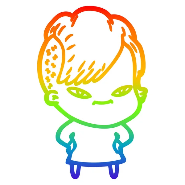 Linea gradiente arcobaleno disegno carino ragazza dei cartoni animati con hipster hai — Vettoriale Stock