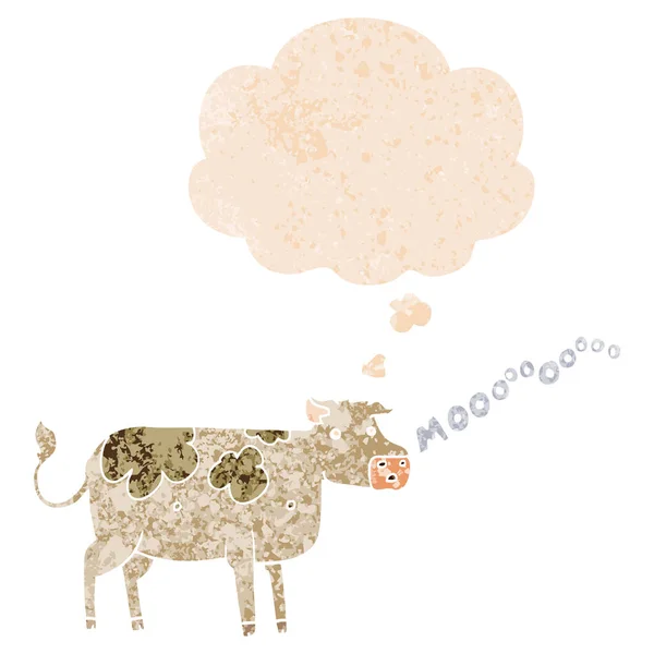 Cartoon cow and thought bubble in retro textured style — Stock Vector