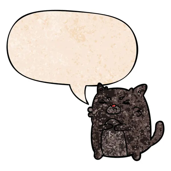 Retro doku tarzında karikatür kızgın kedi ve konuşma balonu — Stok Vektör
