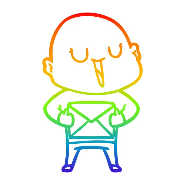 Rainbow gradient line drawing happy cartoon bald man with packag — Stock Vector