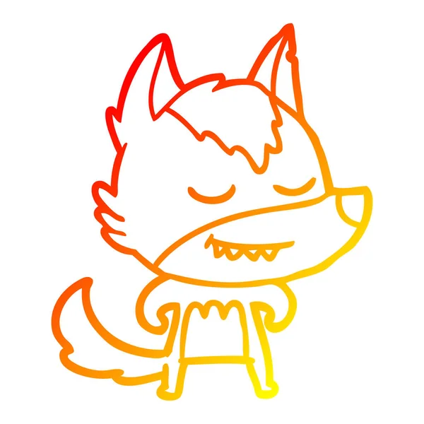 Línea de gradiente caliente dibujo amistoso lobo de dibujos animados — Vector de stock