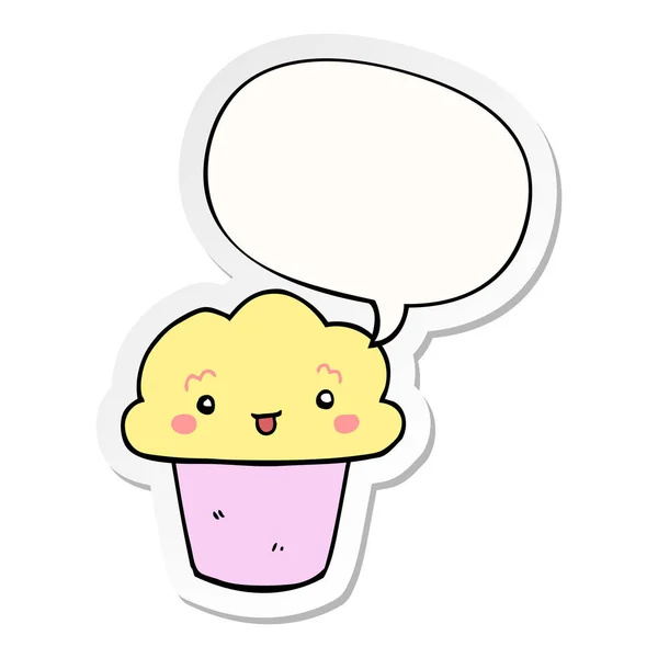 Cartoon cupcake and face and speech bubble sticker — Stock Vector