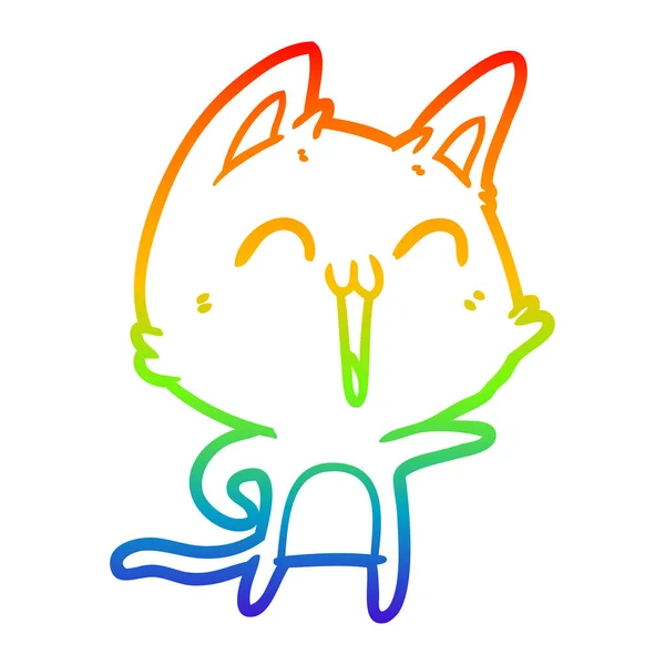 Regenbogen-Gradienten-Linie zeichnet glücklich Cartoon-Katze — Stockvektor