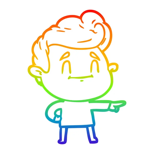 Arco iris gradiente línea dibujo feliz dibujos animados hombre apuntando — Archivo Imágenes Vectoriales