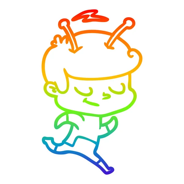 Linea gradiente arcobaleno disegno amichevole fumetto spaziatore in esecuzione — Vettoriale Stock