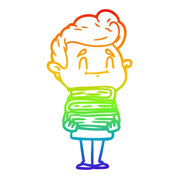 Rainbow gradient line drawing happy cartoon man with stack of ne — Stock Vector