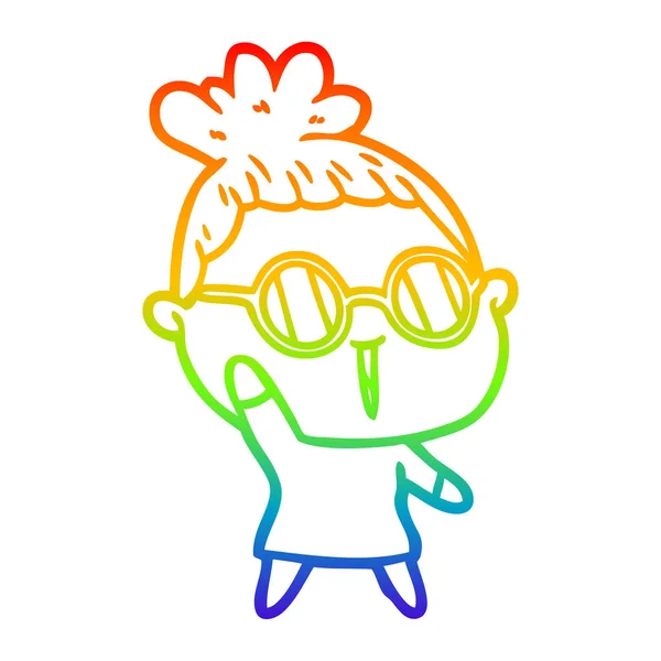 Arco iris gradiente línea dibujo dibujos animados mujer usando gafas — Archivo Imágenes Vectoriales