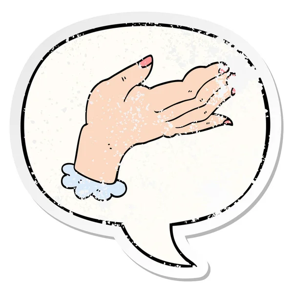 Cartoon hand and speech bubble distressed sticker — Stock Vector