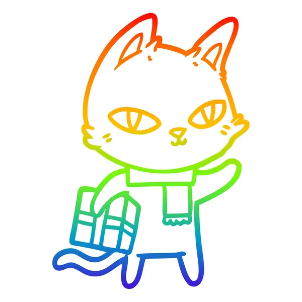 Arco iris gradiente línea dibujo dibujos animados gato con regalo — Vector de stock